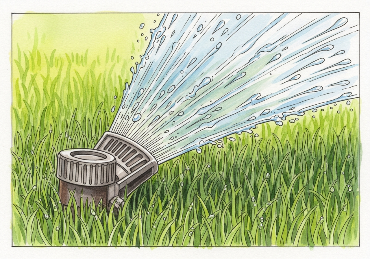 Sprinkler head watering a green lawn